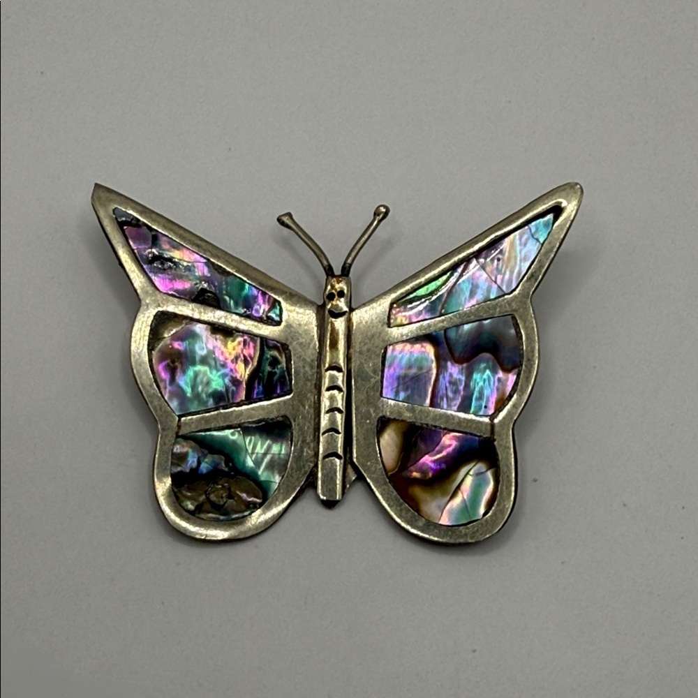 Vintage Alpaca Mexico Silver Abalone Shell Butterfly Brooch Pin